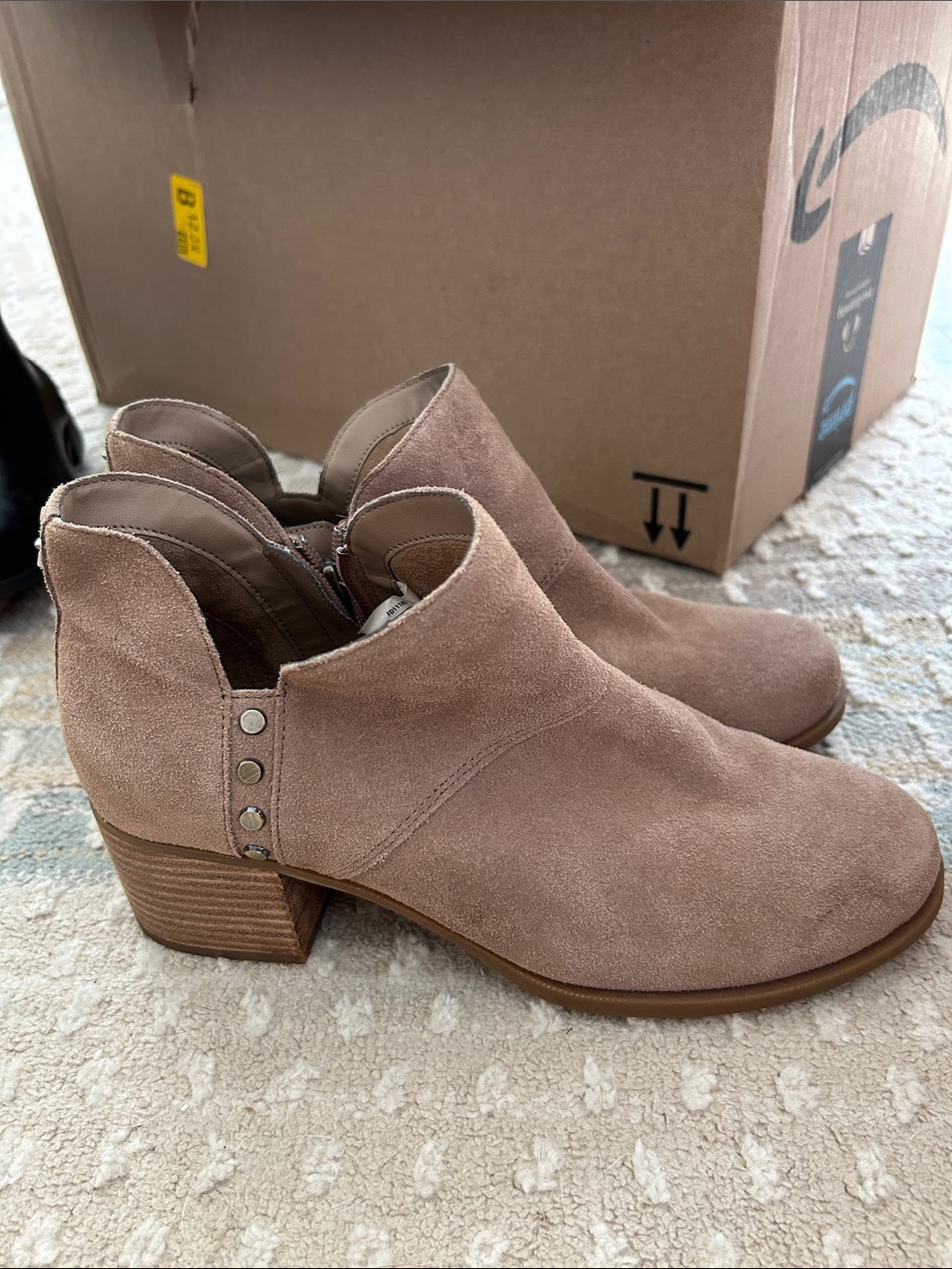 Koolaburra Taupe Suede Ankle Booties with Low Stacked Heel